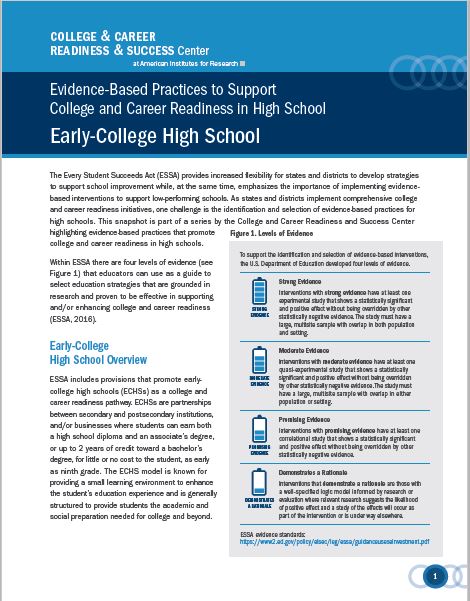 
Evidence-Based Practices Supporting College and Career Readiness in High School: Early College High School